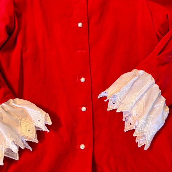 Vintage Golden Rainbow Cherry Red Velvet Modest Dress Eyelet Embroidered Collar - Picture 2 of 5